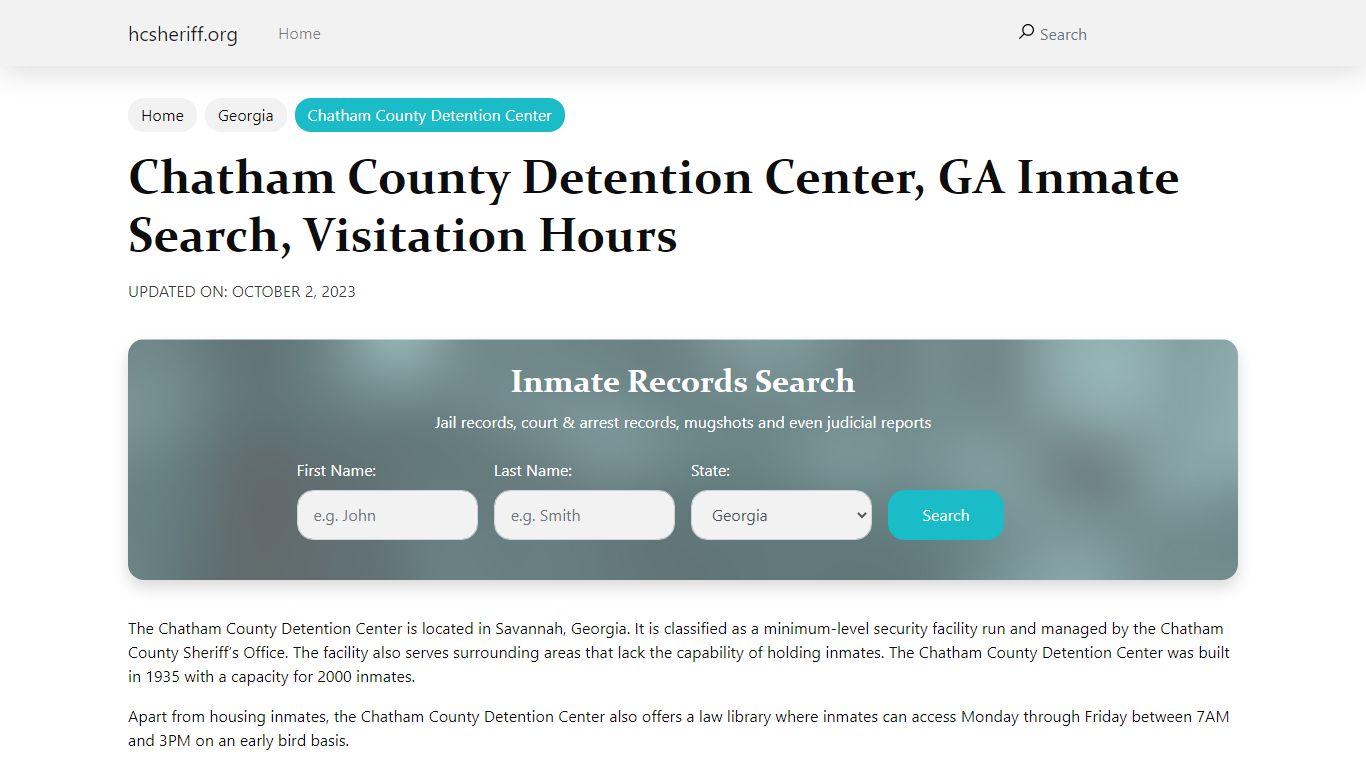 Chatham County Detention Center, GA Inmate Search, Visitation Hours